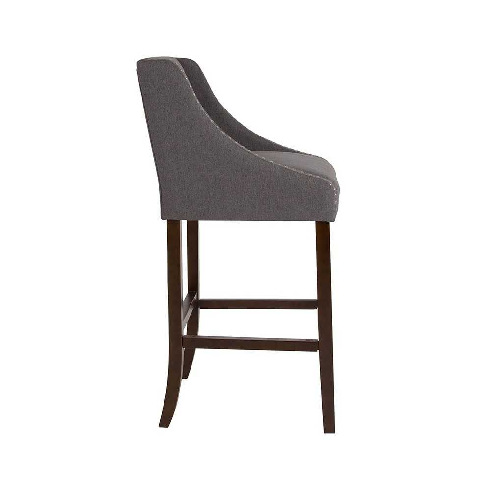 Carmel Series 30" High Transitional Walnut Barstool with Accent Nail Trim in Dark Gray Fabric