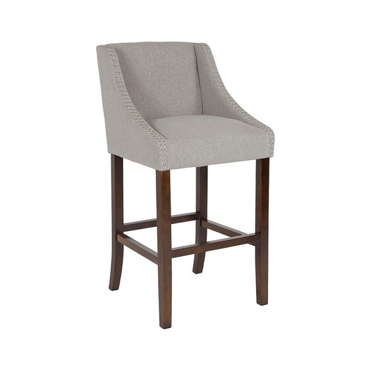 Carmel Series 30" High Transitional Walnut Barstool with Accent Nail Trim in Light Gray Fabric