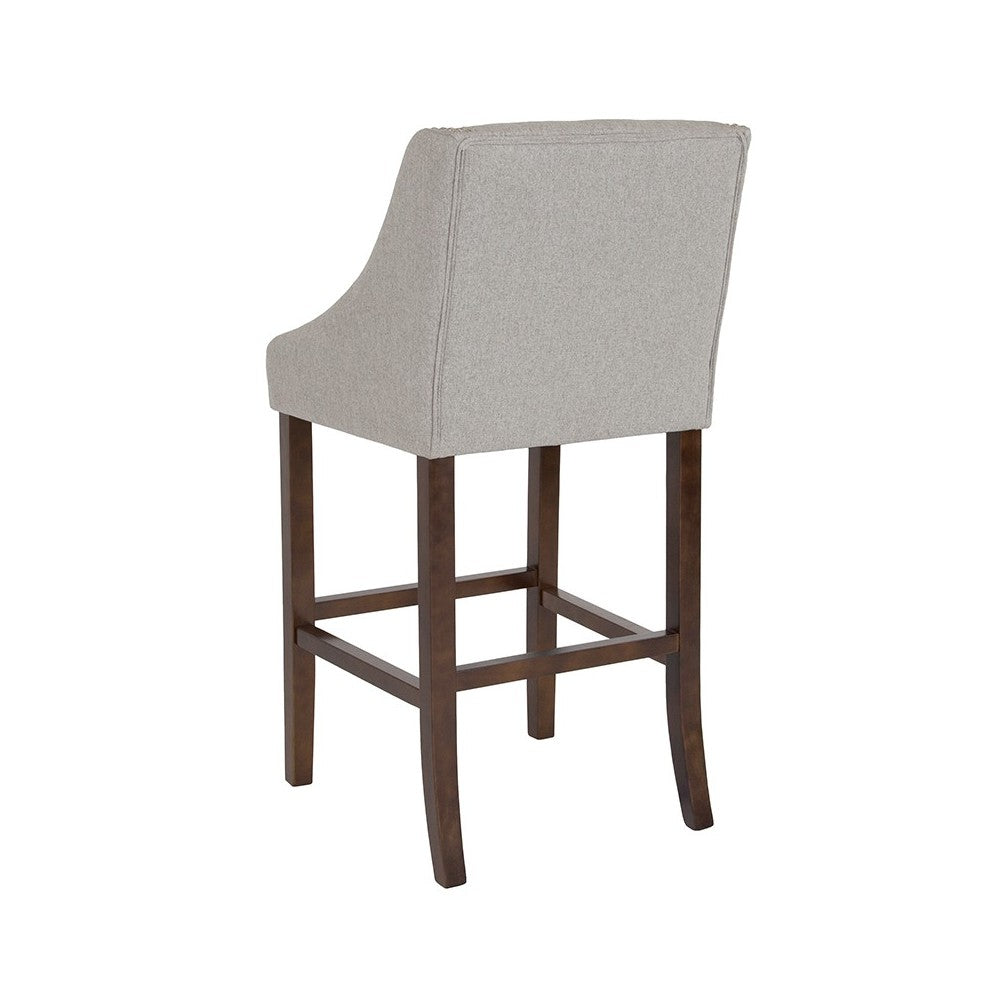 Carmel Series 30" High Transitional Walnut Barstool with Accent Nail Trim in Light Gray Fabric