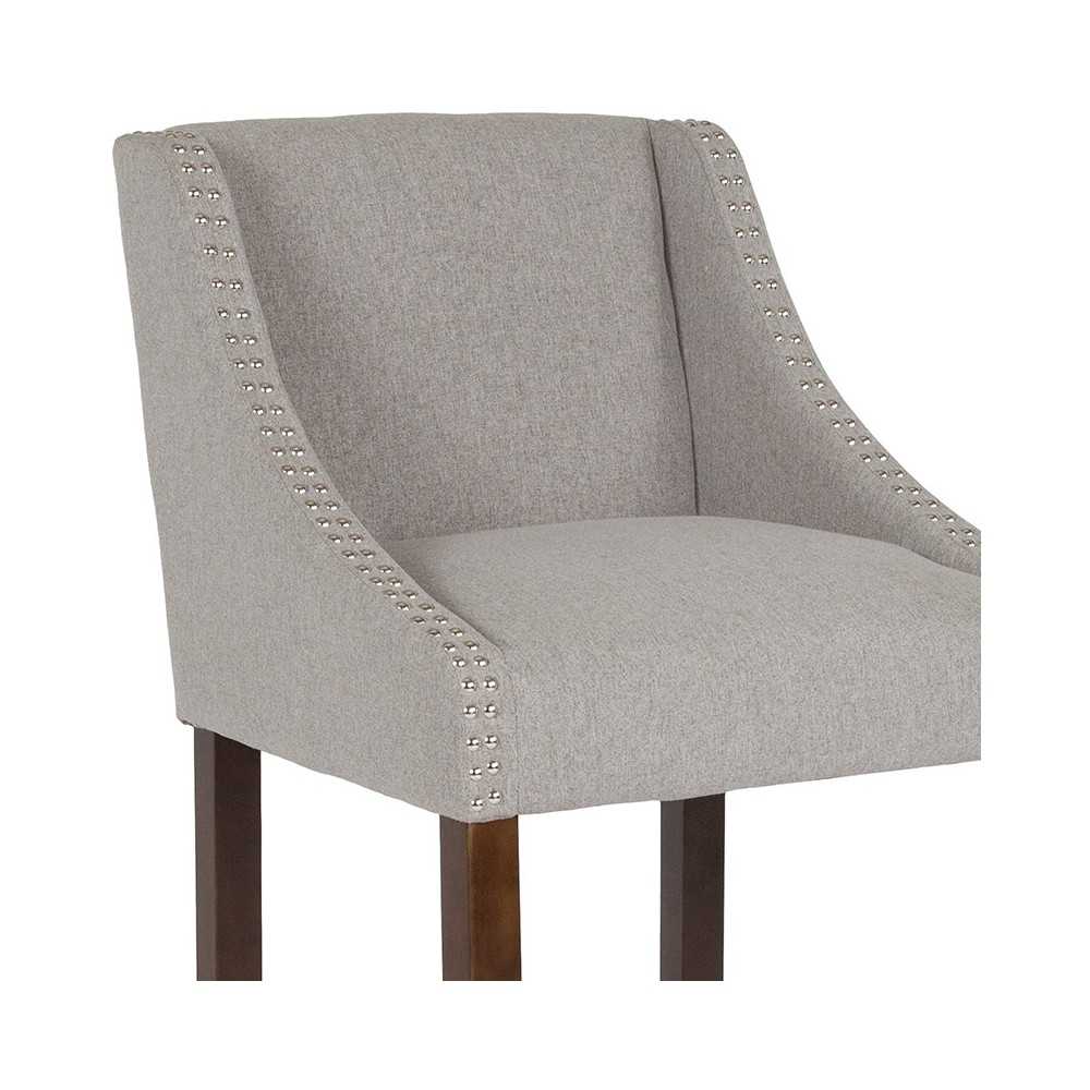 Carmel Series 30" High Transitional Walnut Barstool with Accent Nail Trim in Light Gray Fabric