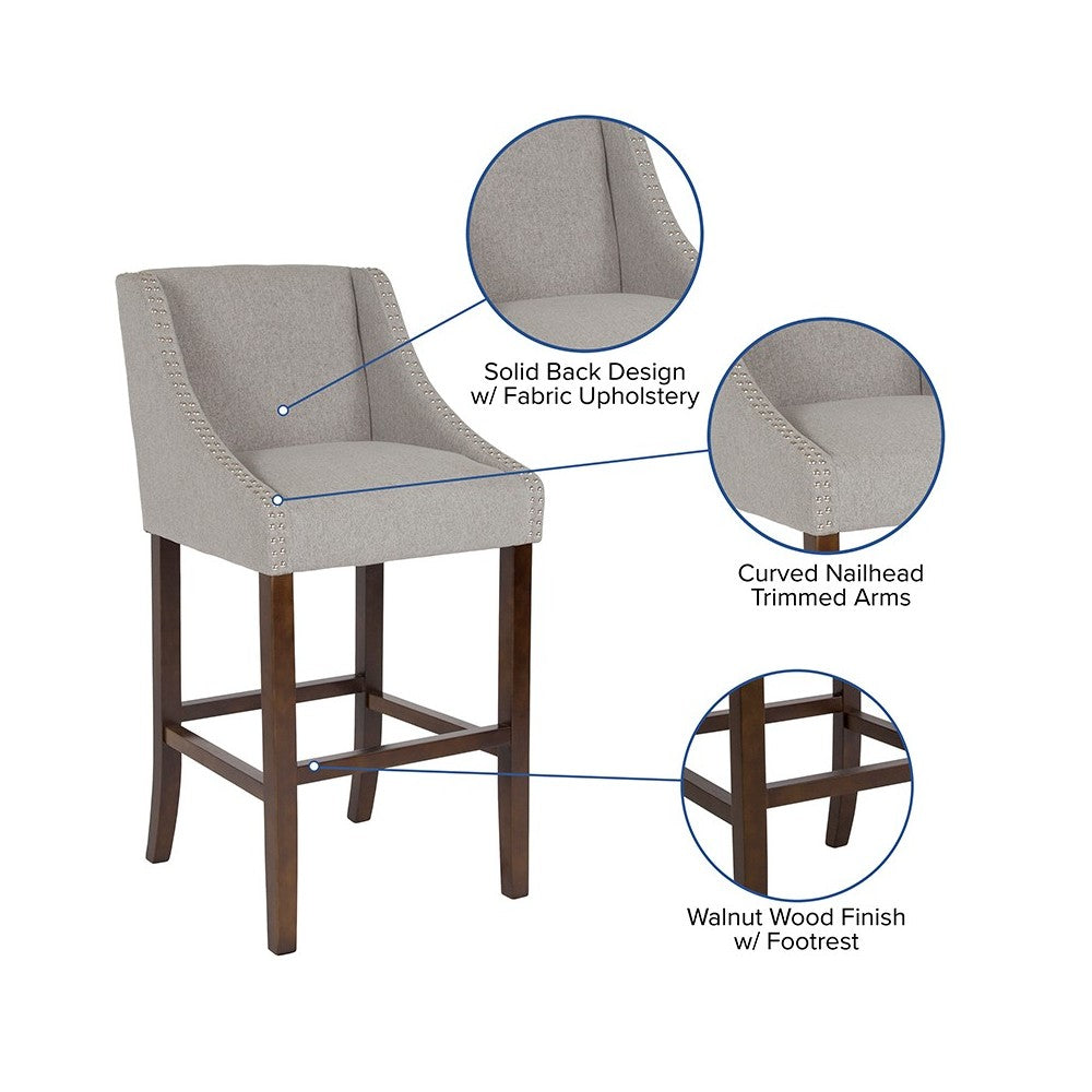 Carmel Series 30" High Transitional Walnut Barstool with Accent Nail Trim in Light Gray Fabric