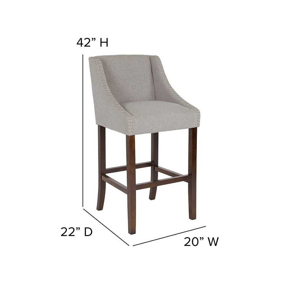 Carmel Series 30" High Transitional Walnut Barstool with Accent Nail Trim in Light Gray Fabric