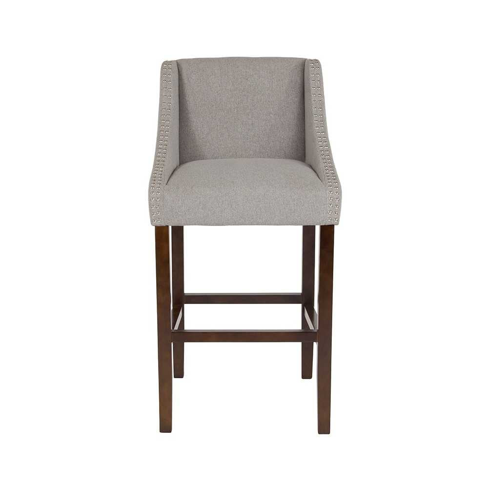 Carmel Series 30" High Transitional Walnut Barstool with Accent Nail Trim in Light Gray Fabric