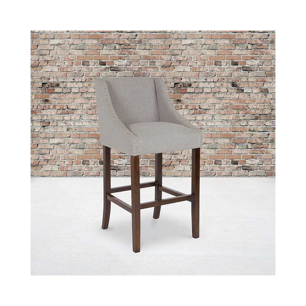 Carmel Series 30" High Transitional Walnut Barstool with Accent Nail Trim in Light Gray Fabric