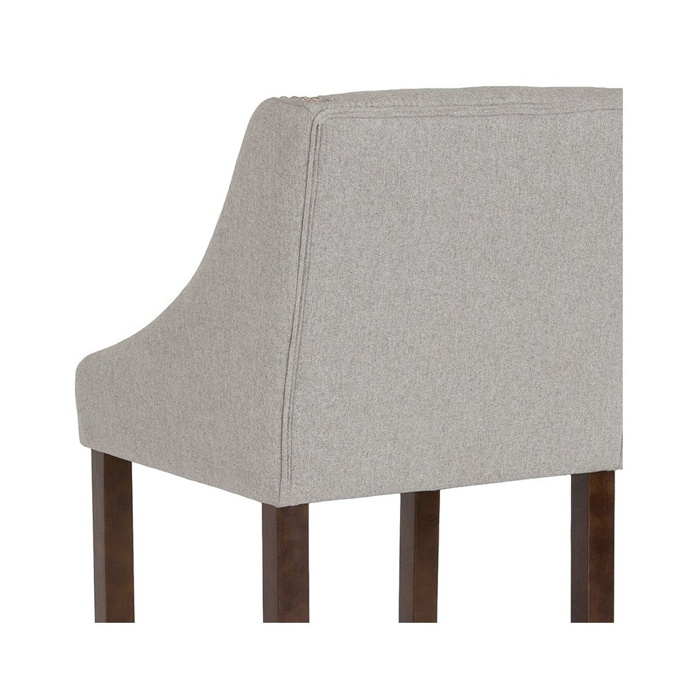 Carmel Series 30" High Transitional Walnut Barstool with Accent Nail Trim in Light Gray Fabric