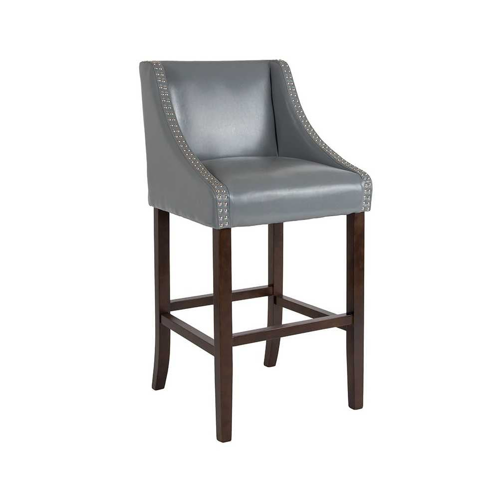 Carmel Series 30" High Transitional Walnut Barstool with Accent Nail Trim in Light Gray LeatherSoft