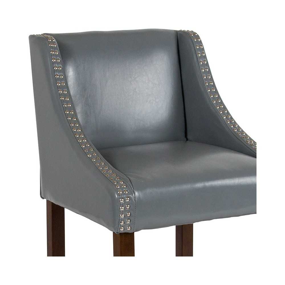 Carmel Series 30" High Transitional Walnut Barstool with Accent Nail Trim in Light Gray LeatherSoft