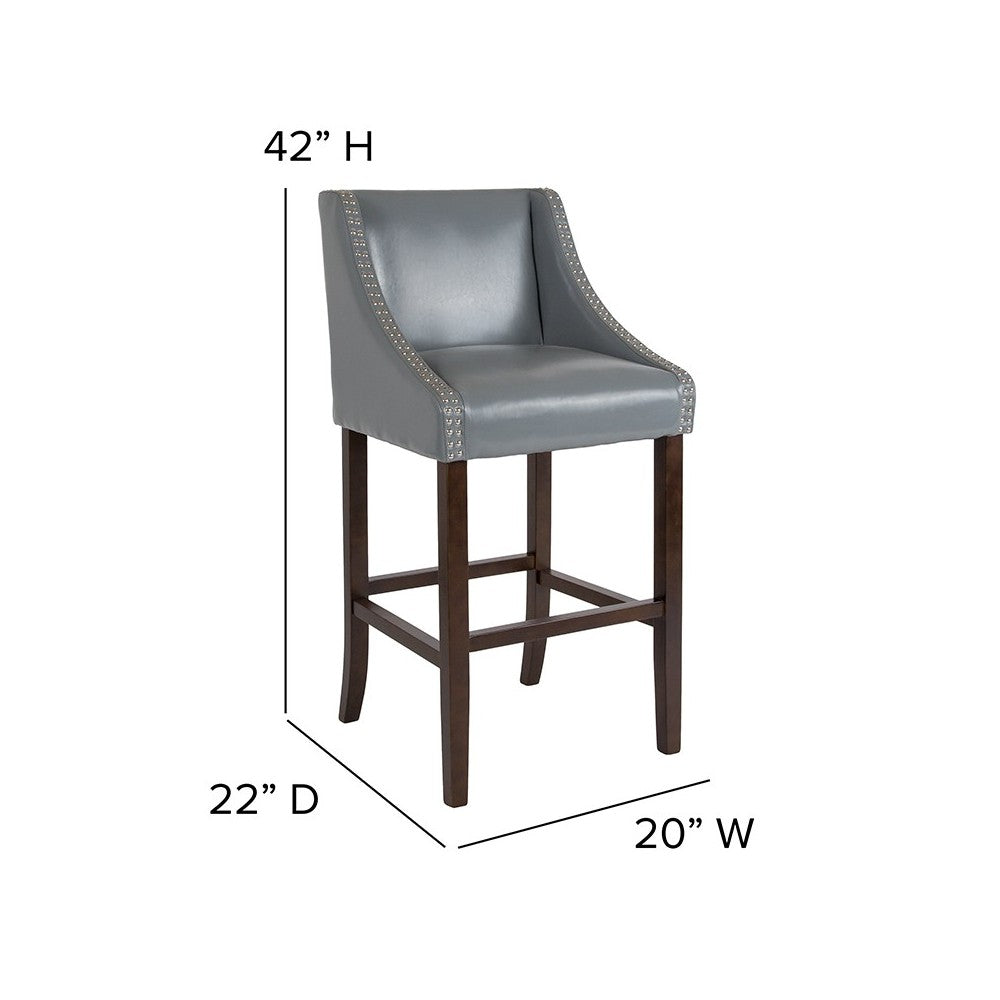 Carmel Series 30" High Transitional Walnut Barstool with Accent Nail Trim in Light Gray LeatherSoft