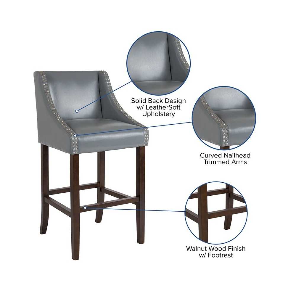 Carmel Series 30" High Transitional Walnut Barstool with Accent Nail Trim in Light Gray LeatherSoft