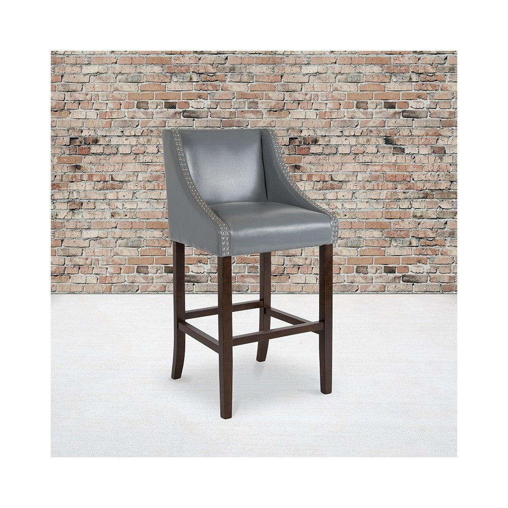 Carmel Series 30" High Transitional Walnut Barstool with Accent Nail Trim in Light Gray LeatherSoft