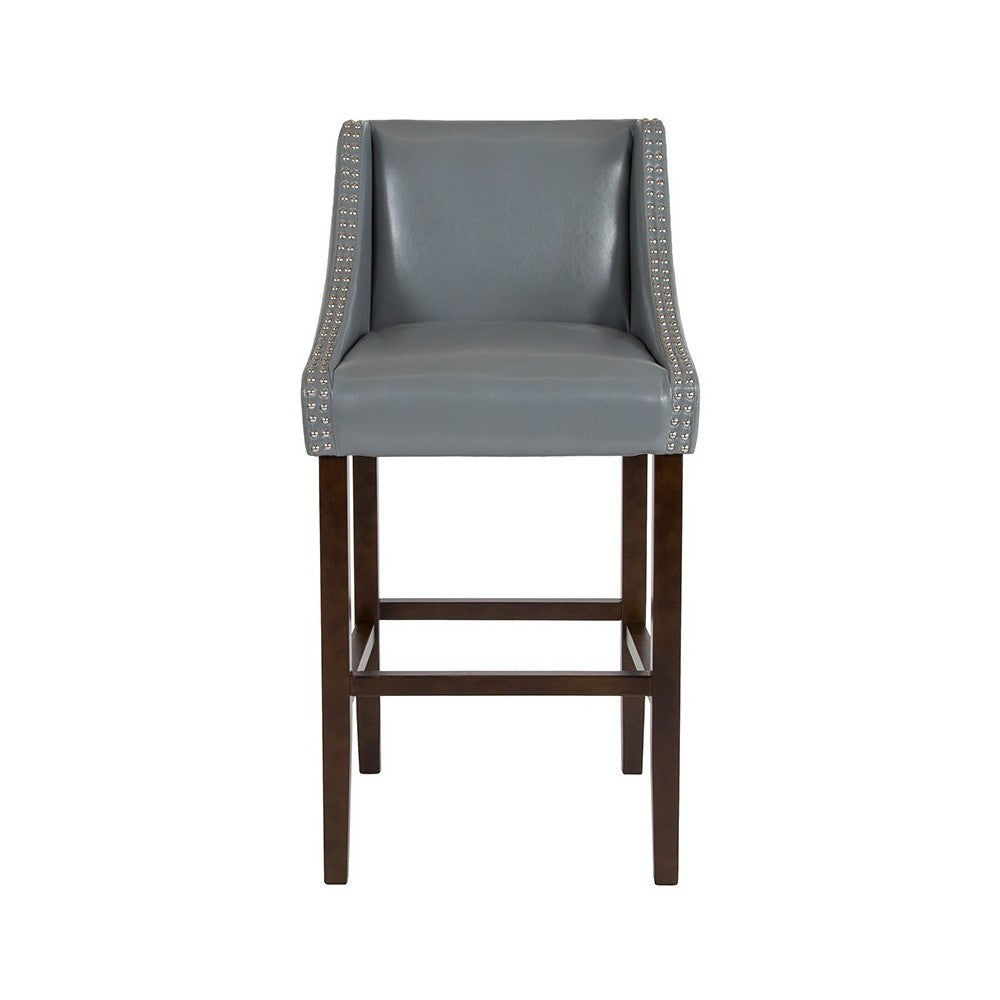 Carmel Series 30" High Transitional Walnut Barstool with Accent Nail Trim in Light Gray LeatherSoft