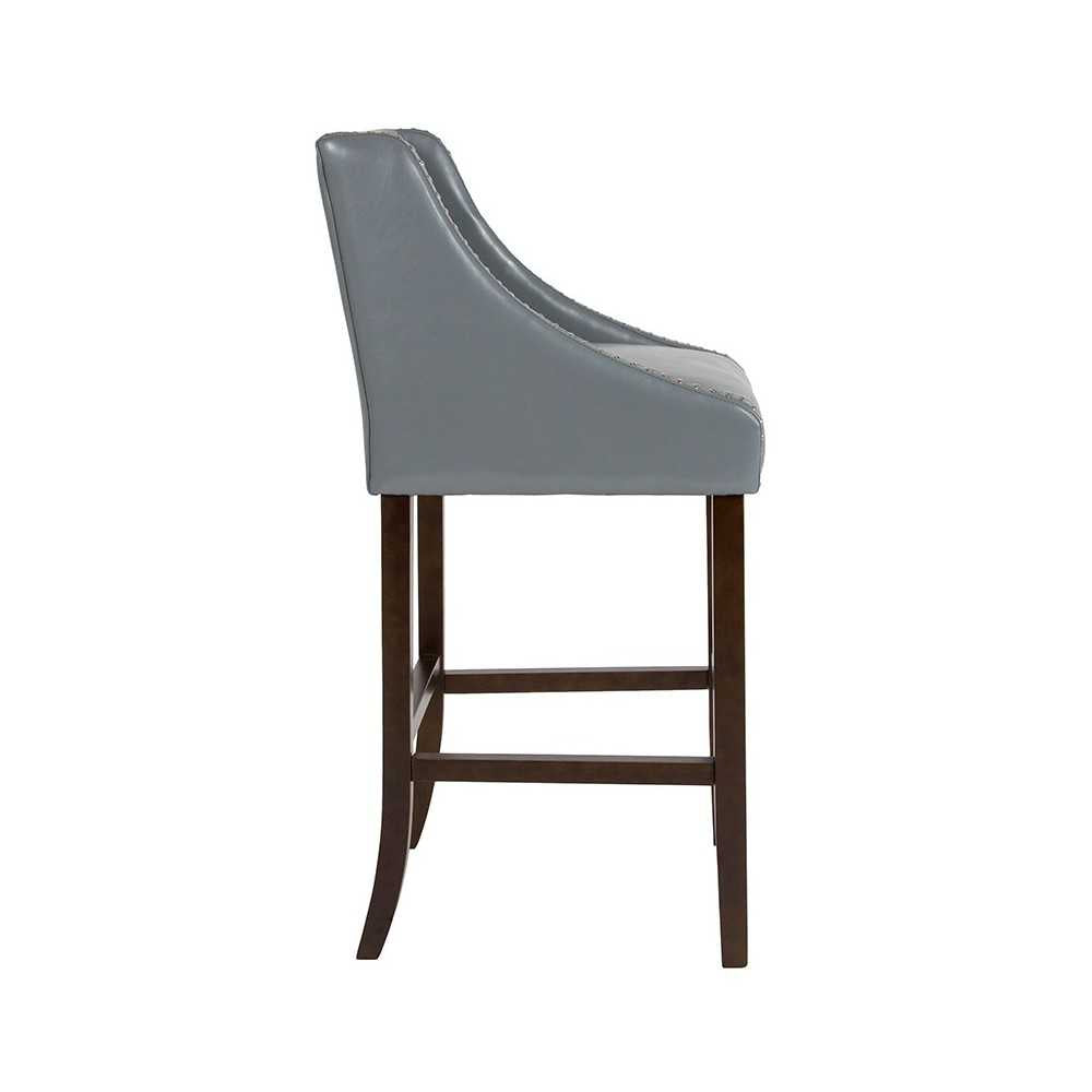 Carmel Series 30" High Transitional Walnut Barstool with Accent Nail Trim in Light Gray LeatherSoft