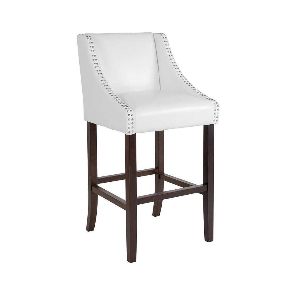 Carmel Series 30" High Transitional Walnut Barstool with Accent Nail Trim in White LeatherSoft