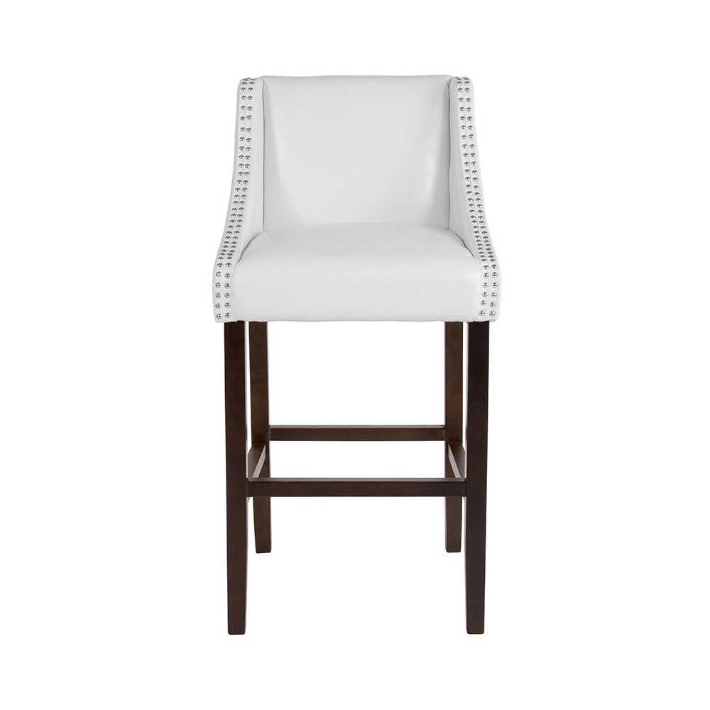 Carmel Series 30" High Transitional Walnut Barstool with Accent Nail Trim in White LeatherSoft