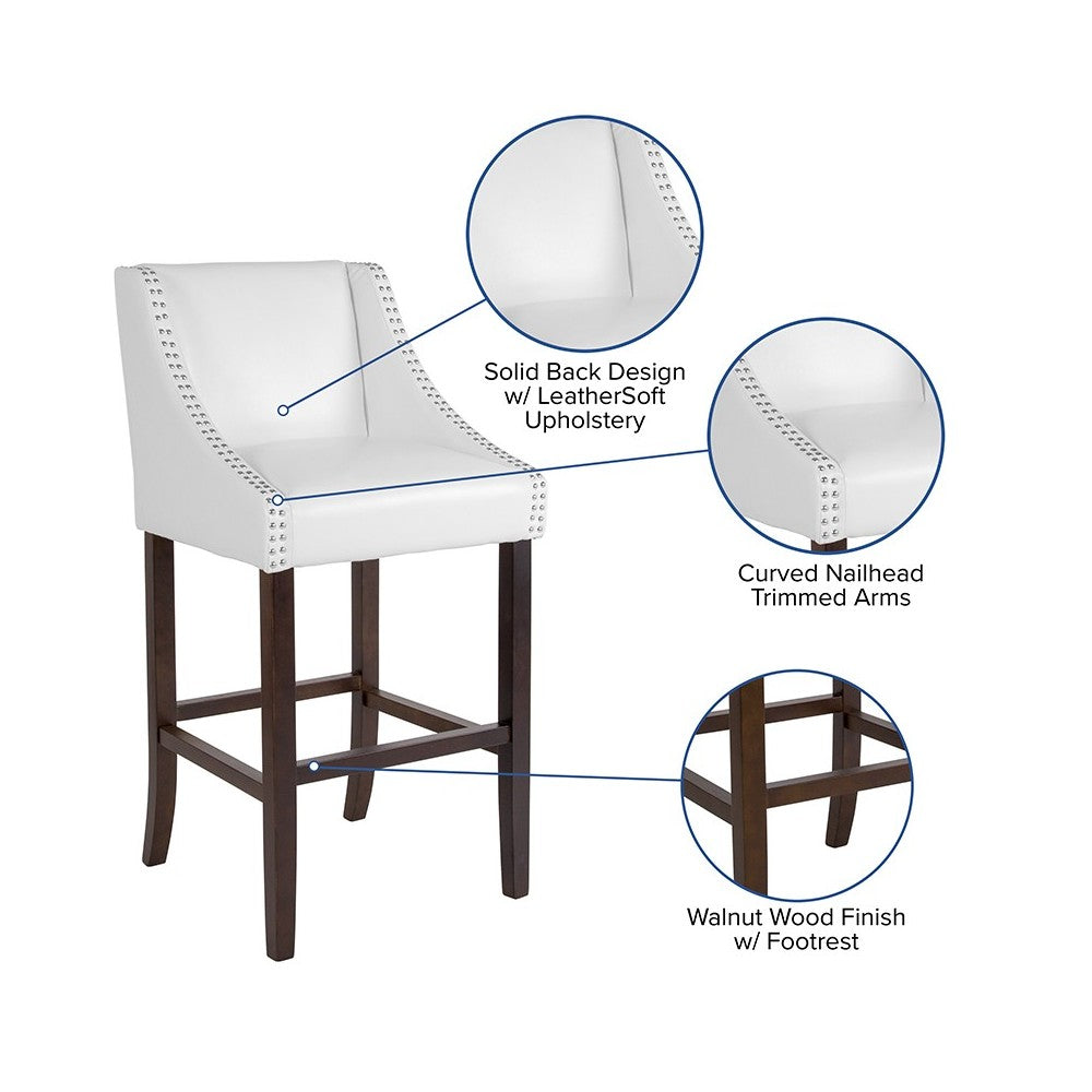 Carmel Series 30" High Transitional Walnut Barstool with Accent Nail Trim in White LeatherSoft