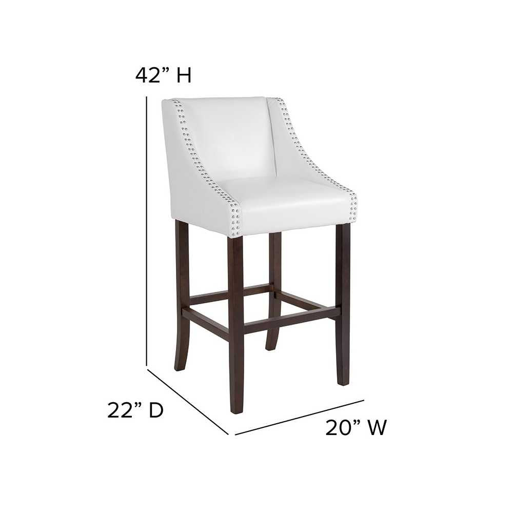 Carmel Series 30" High Transitional Walnut Barstool with Accent Nail Trim in White LeatherSoft