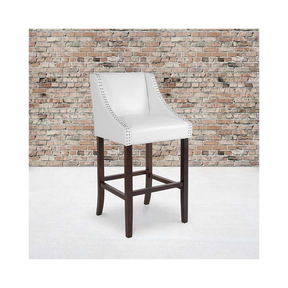 Carmel Series 30" High Transitional Walnut Barstool with Accent Nail Trim in White LeatherSoft