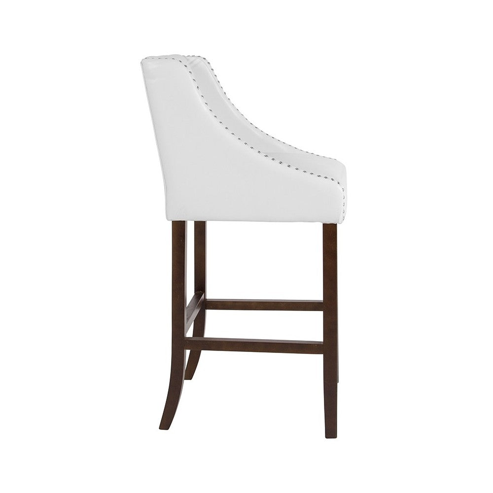 Carmel Series 30" High Transitional Walnut Barstool with Accent Nail Trim in White LeatherSoft