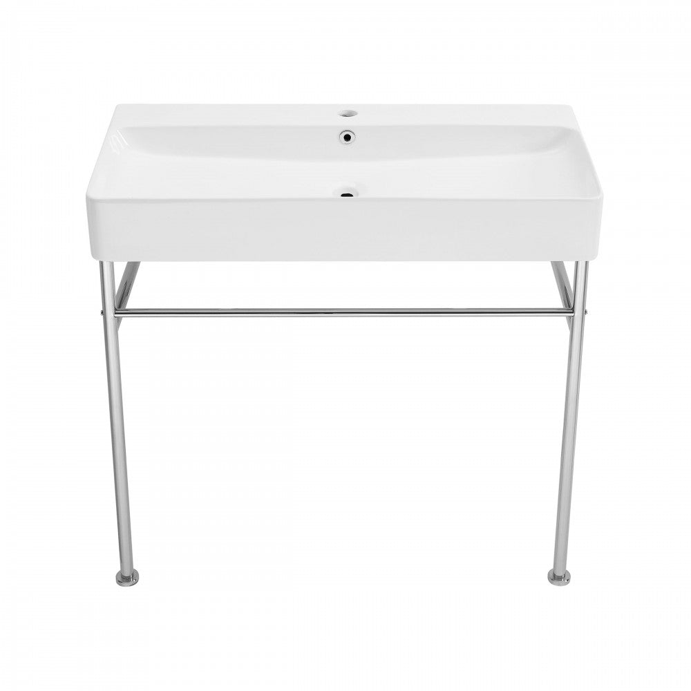 Carre 36 Ceramic Console Sink White Basin Chrome Legs