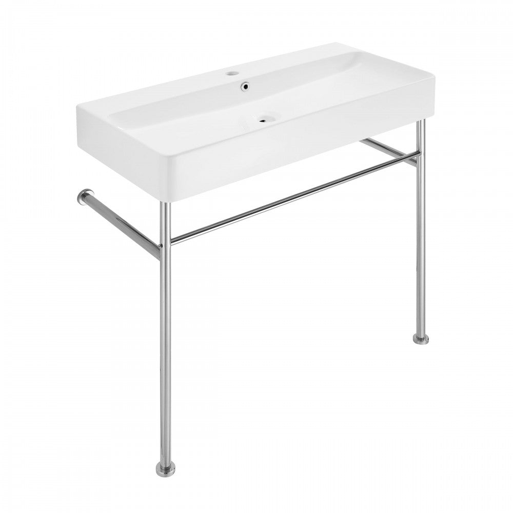 Carre 36 Ceramic Console Sink White Basin Chrome Legs