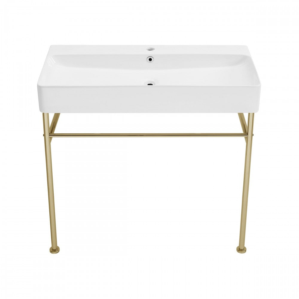 Carre 36 Ceramic Console Sink White Basin Gold Legs