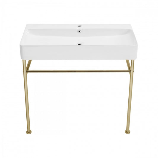 Carre 36 Ceramic Console Sink White Basin Gold Legs