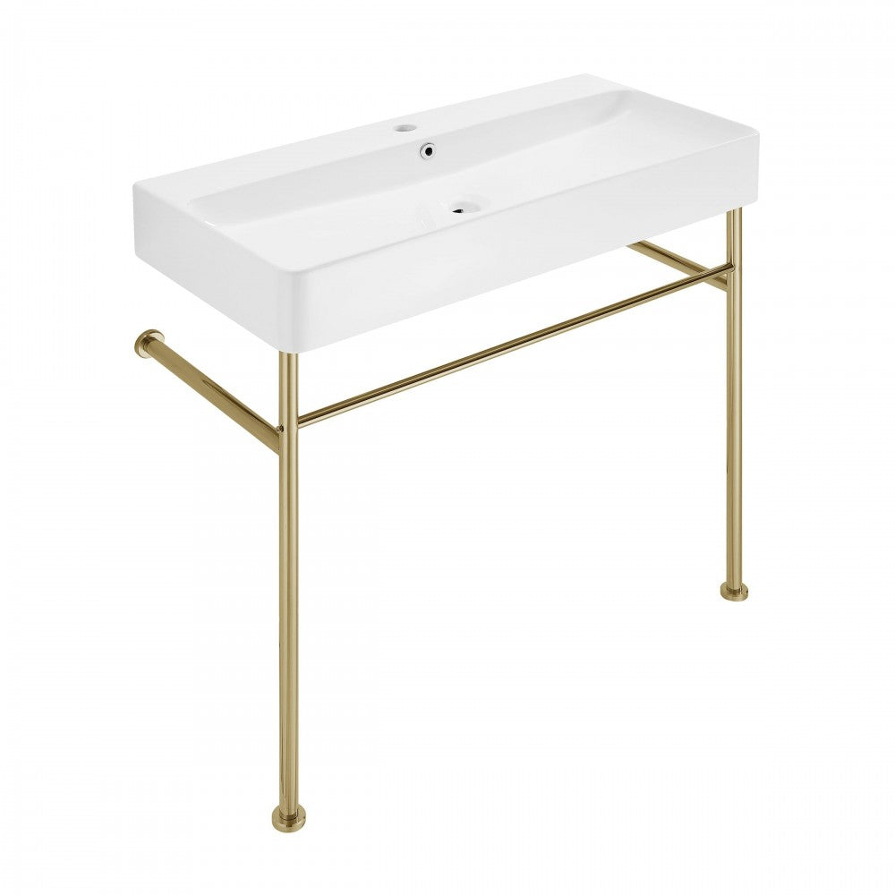 Carre 36 Ceramic Console Sink White Basin Gold Legs