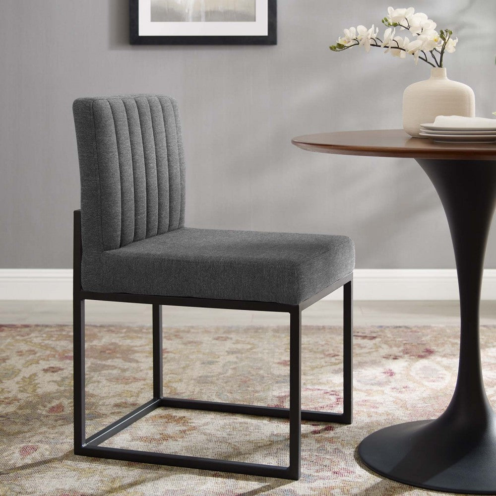 Carriage Channel Tufted Sled Base Upholstered Fabric Dining Chair, Black Charcoal
