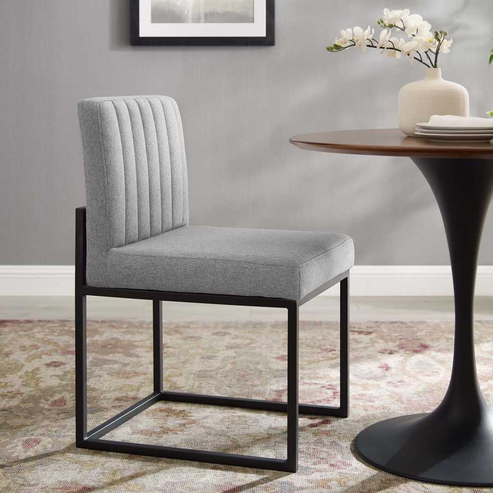 Carriage Channel Tufted Sled Base Upholstered Fabric Dining Chair, Black Light Gray