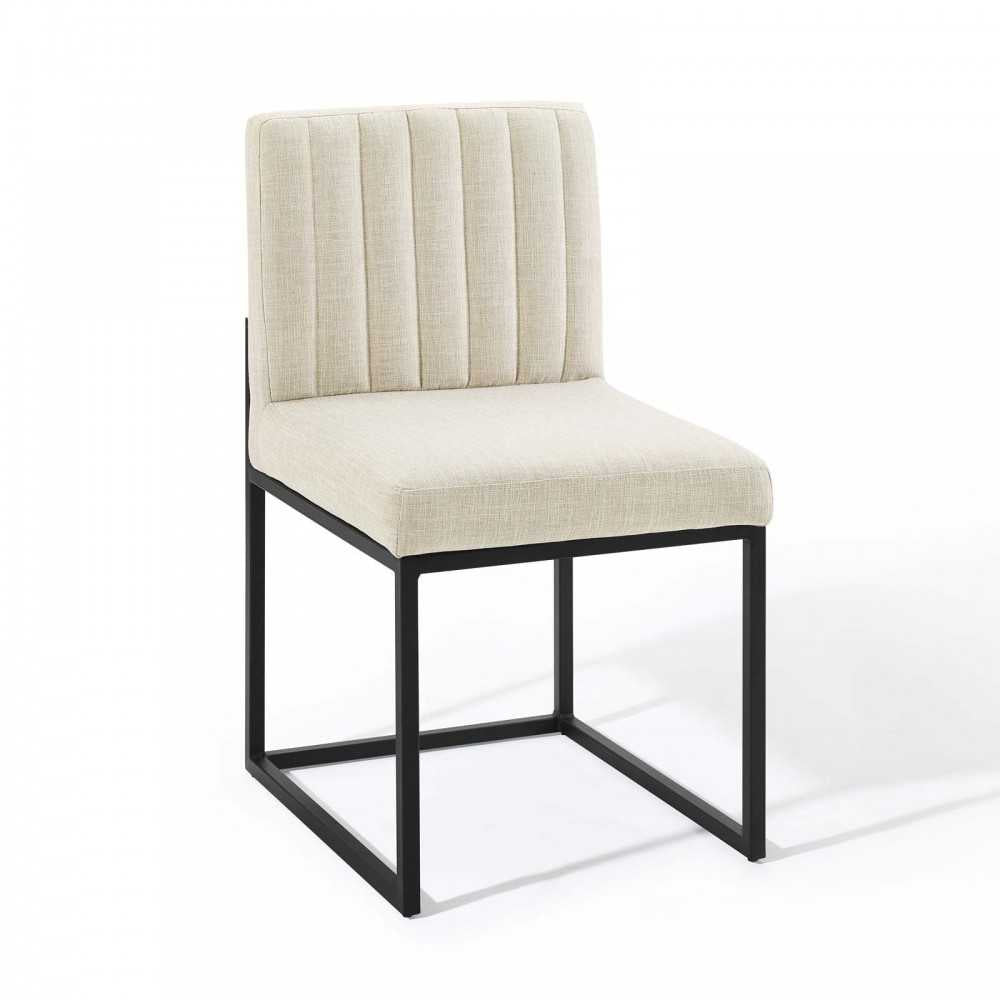 Carriage Channel Tufted Sled Base Upholstered Fabric Dining Chair, Black Beige