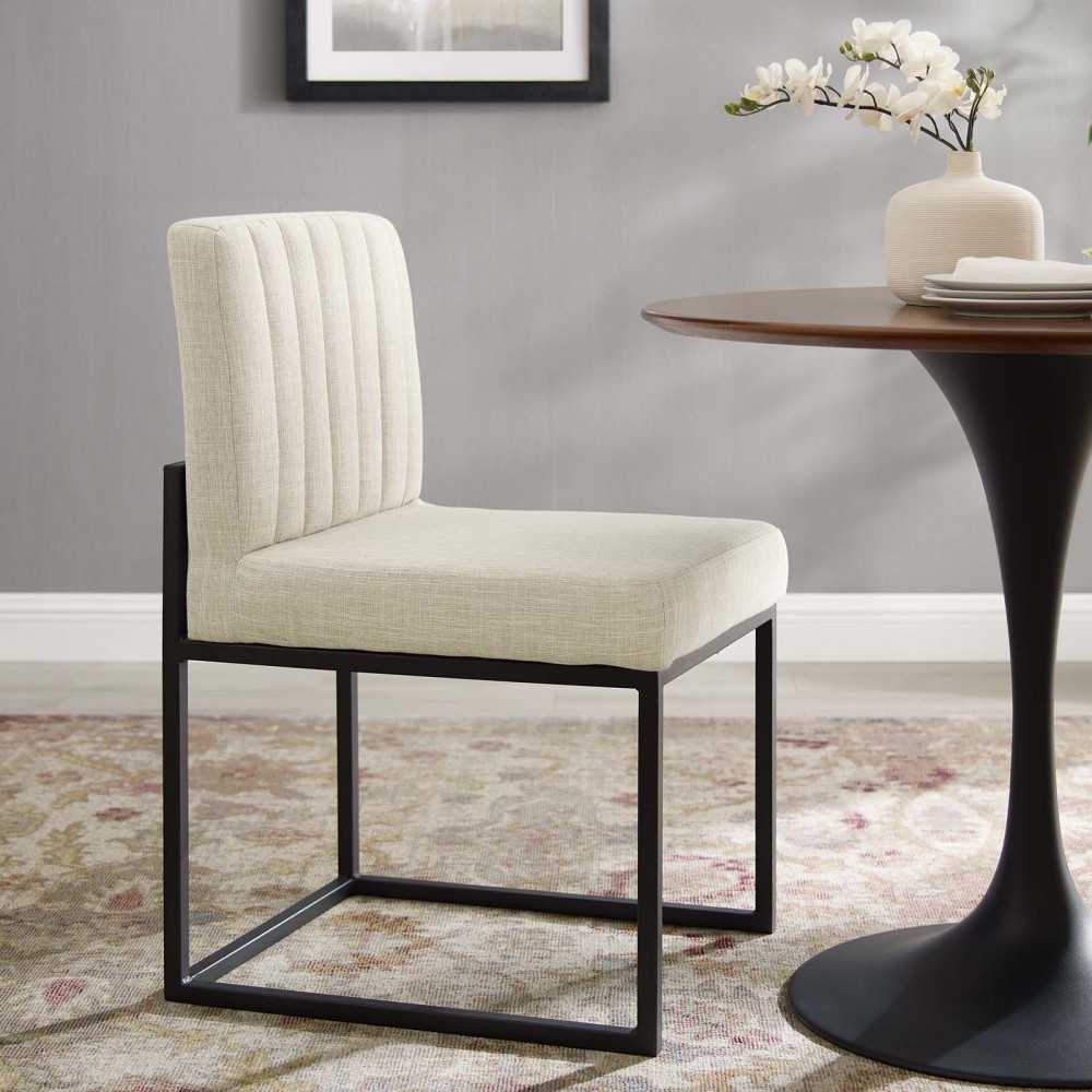 Carriage Channel Tufted Sled Base Upholstered Fabric Dining Chair, Black Beige