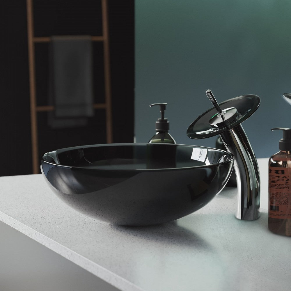 Cascade 16.5 Color Glass Vessel Sink with Faucet, Black