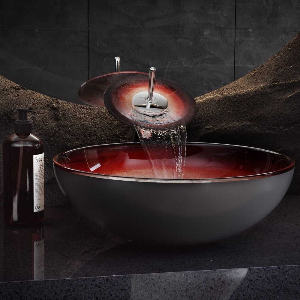 Cascade 16.5 Glass Vessel Sink with Faucet, Ember Red