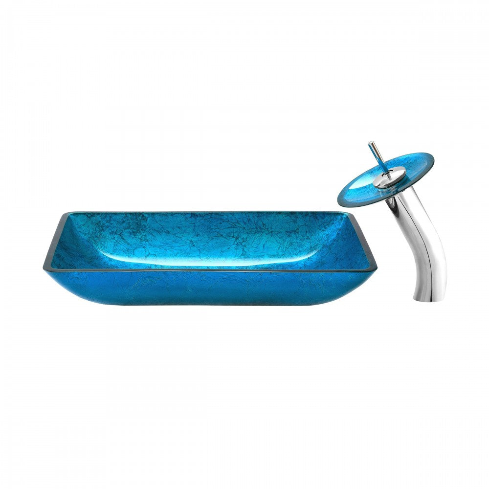 Cascade Rectangular Glass Vessel Sink with Faucet, Ocean Blue