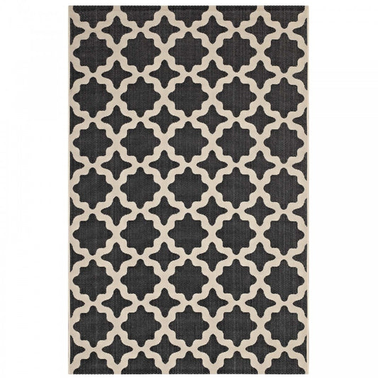 Cerelia Moroccan Trellis 5x8 Indoor and Outdoor Area Rug, Black and Beige