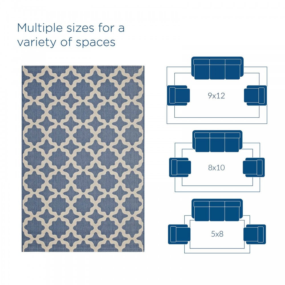 Cerelia Moroccan Trellis 9x12 Indoor and Outdoor Area Rug, Blue and Beige