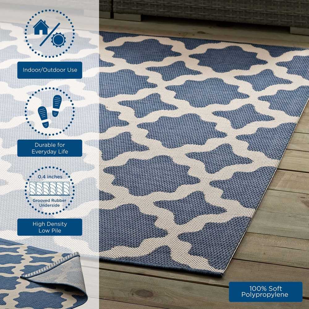 Cerelia Moroccan Trellis 9x12 Indoor and Outdoor Area Rug, Blue and Beige