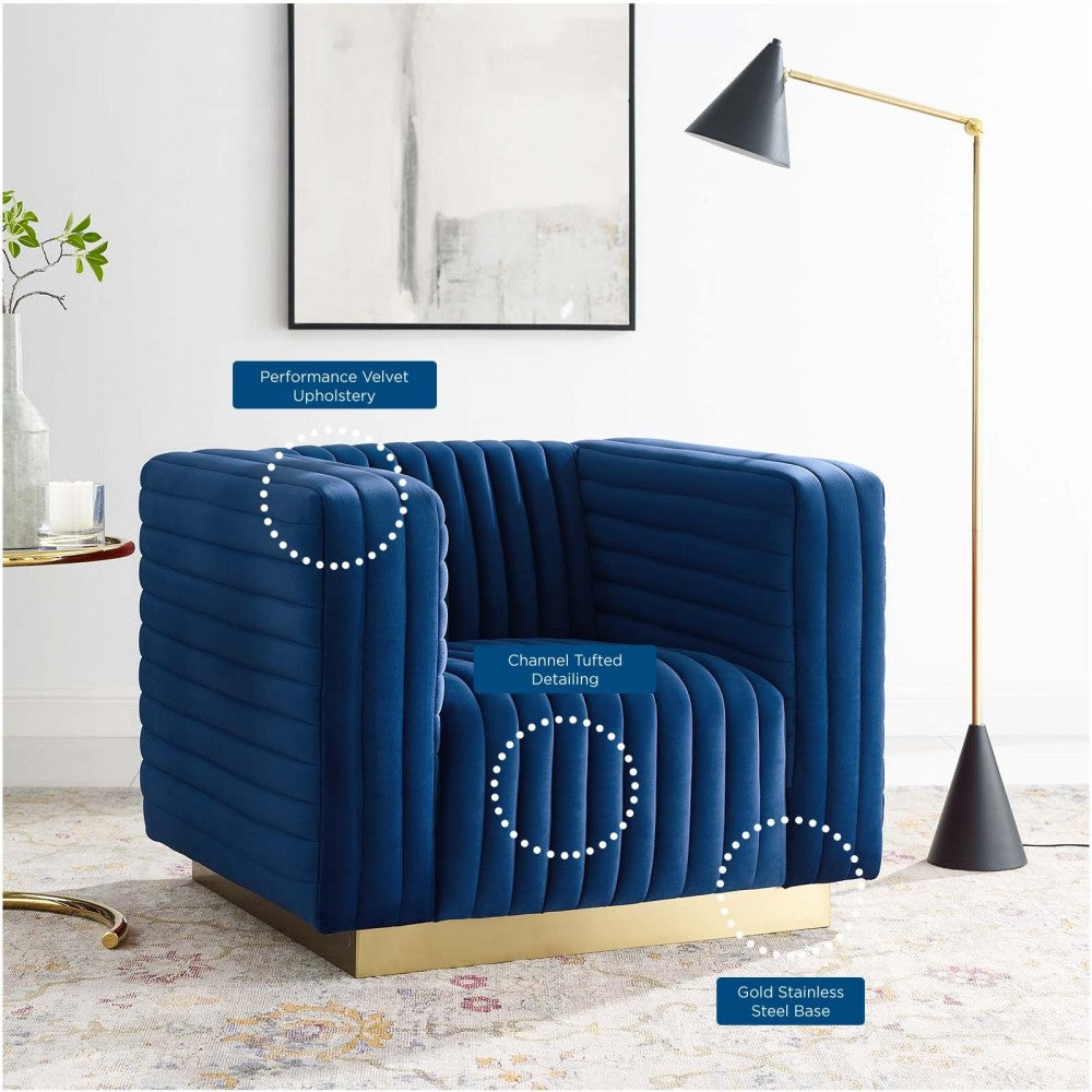 Charisma Channel Tufted Performance Velvet Accent Armchair, Navy