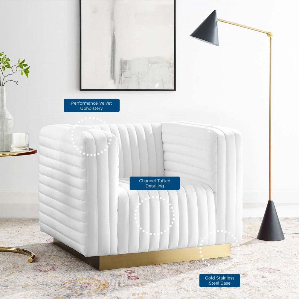Charisma Channel Tufted Performance Velvet Accent Armchair, White