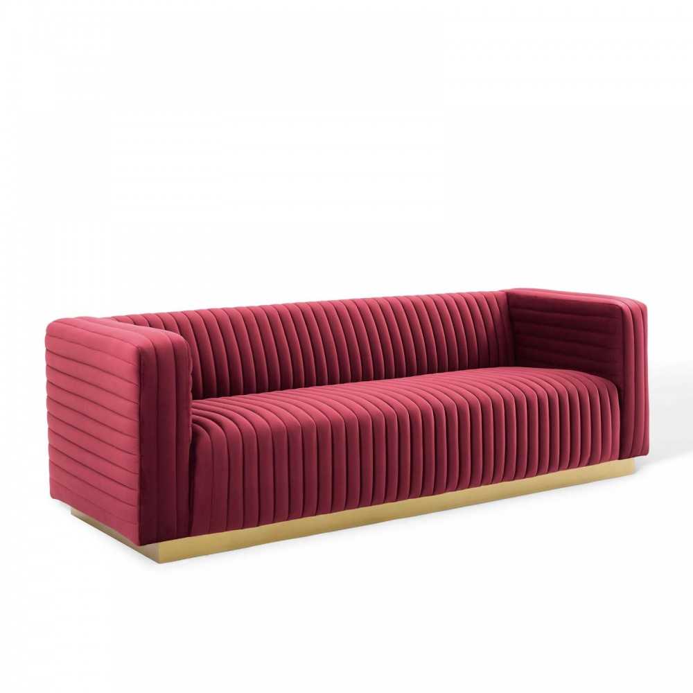 Charisma Channel Tufted Performance Velvet Living Room Sofa, Maroon