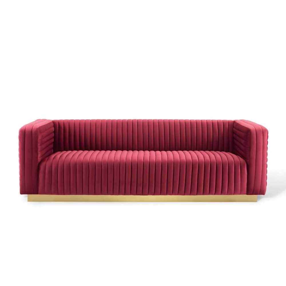 Charisma Channel Tufted Performance Velvet Living Room Sofa, Maroon