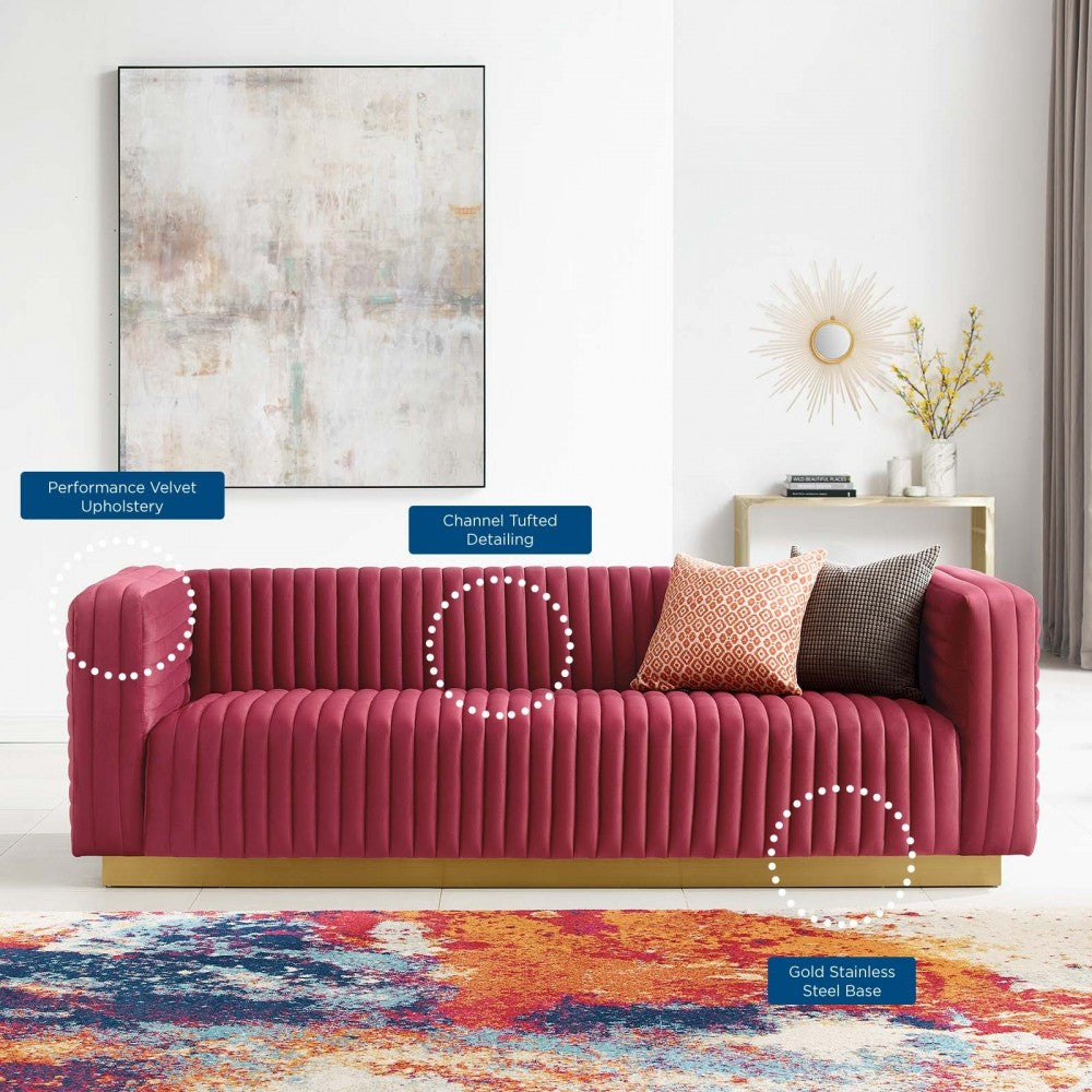 Charisma Channel Tufted Performance Velvet Living Room Sofa, Maroon