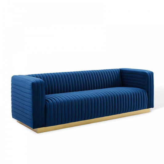 Charisma Channel Tufted Performance Velvet Living Room Sofa, Navy