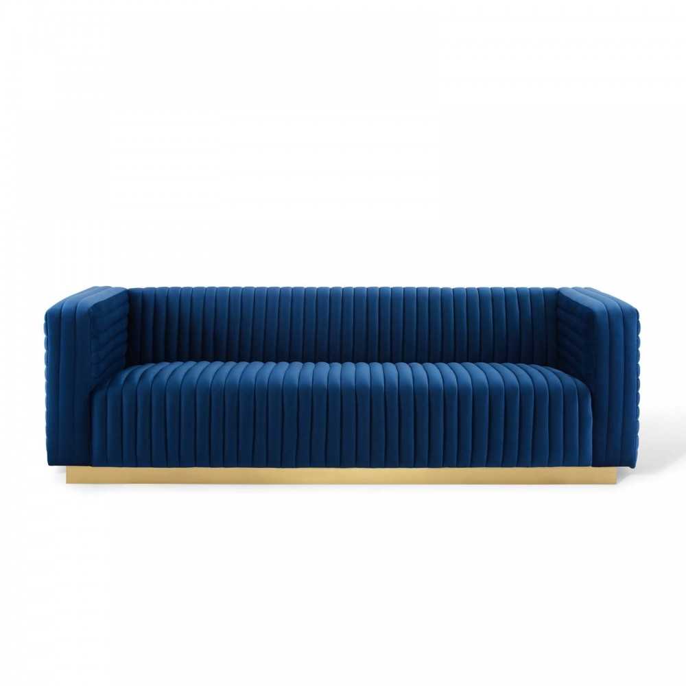 Charisma Channel Tufted Performance Velvet Living Room Sofa, Navy