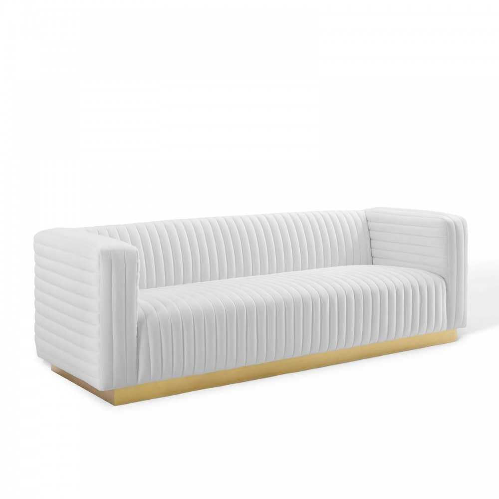Charisma Channel Tufted Performance Velvet Living Room Sofa, White