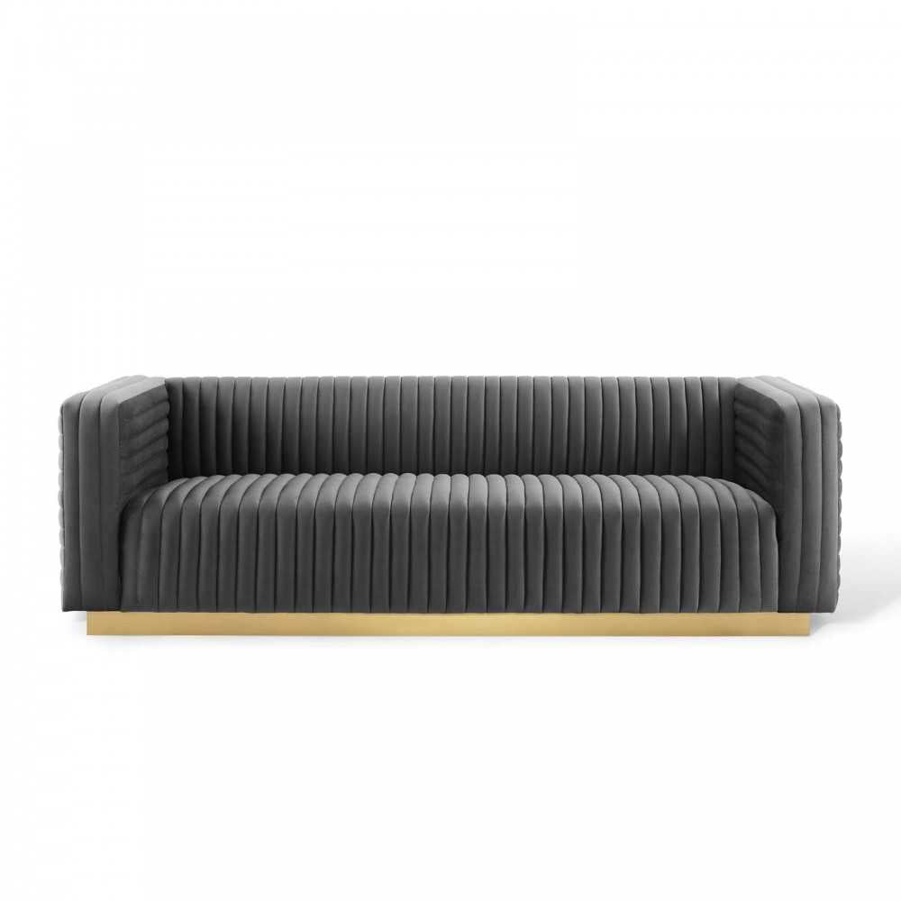 Charisma Channel Tufted Performance Velvet Living Room Sofa, Charcoal