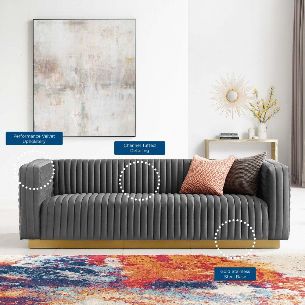 Charisma Channel Tufted Performance Velvet Living Room Sofa, Charcoal