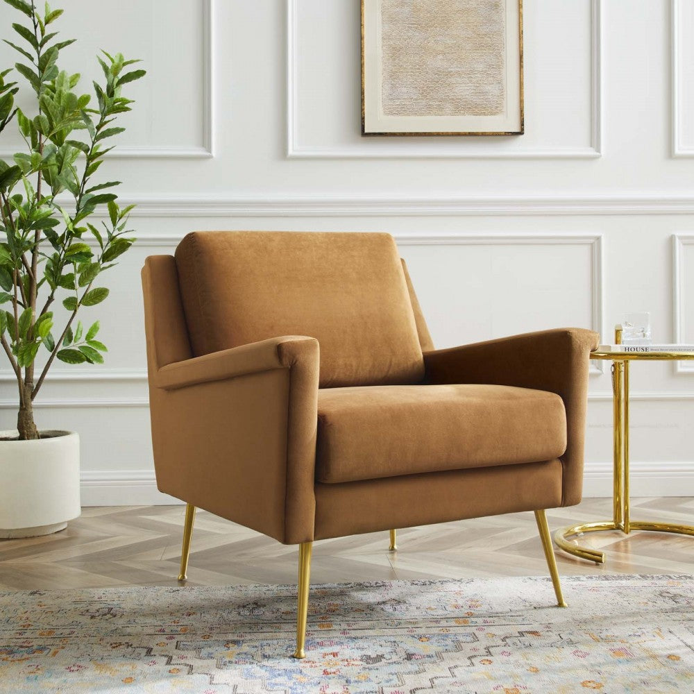 Chesapeake Performance Velvet Armchair, Gold Cognac