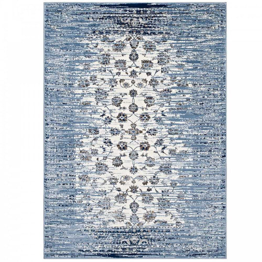 Chiara Distressed Floral Lattice Contemporary 5x8 Area Rug, Moroccan Blue and Ivory