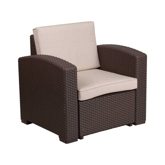 Chocolate Brown Faux Rattan Chair with All-Weather Beige Cushion